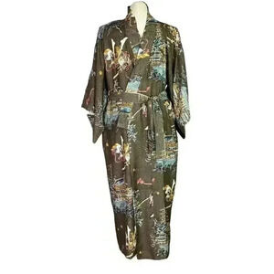 Japanese Kimono Brown Multicolor Mens Pagoda Samurai Helmet Print Lined Belt